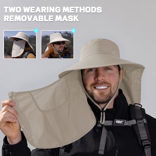 Rosoz Sun Hat for Men Women with Neck Flap,Wide Brim UPF50+ Fishing Hat with Detachable Face Cover Outdoor Sun Protection Hat - color: 1pack-khaki/Arm Sleeves