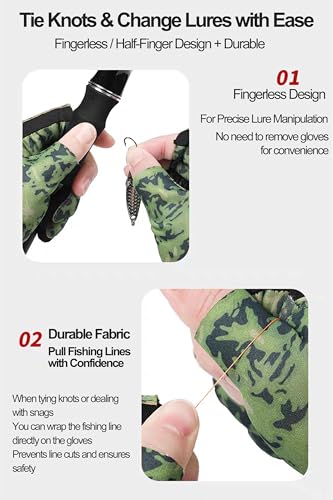 Camo Fishing Gloves Men Women UV-Protection, Anti-Slip Wear-Resistant Elastic Quick-Drying Breathable Sunblock Gloves 3-Finger-Open Lightweight for Boating, Kayaking, Hunting - size: Large
