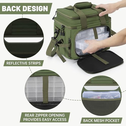 Fishing Tackle Bags with 4 * 3600 Tackle Boxes - Saltwater & Freshwater Compatible, Water Resistant & Durable Fishing Bags with Padded Shoulder Strap - Pliers and Gear Storage Green - color: Green, style: With 4 Tackle Boxes