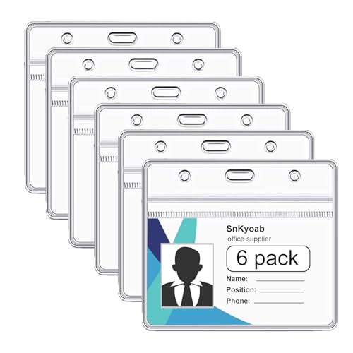 6 Pack Horizontal Badge Holders Plastic with Resealable Zipper, Waterproof ID Card Holder&Name Tag Holder for Office&School, Fits ID Card/Credit Card/Driver’s License (2.4 x 3.7 Inches)
