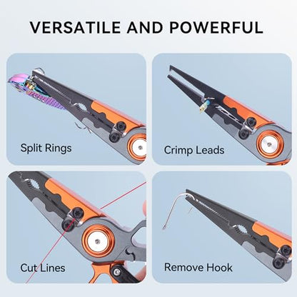 Fishing Pliers Hook Remover, Saltwater Split Ring Pliers with Safety Lock, Fishing Gear with Sheath and Lanyard, Fishing Gifts for Men - color: Orange