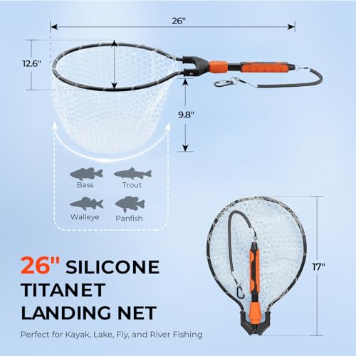 KastKing Titanet Fishing Net, Durable Aluminum Handle, Non-Slip Hi-Vis Grip, Compact Bag & Lanyard, Ideal for Kayak, Lake, Fly, or River Fishing, 2 Net Options - size: 26" Total Length (Fixed Handle), style: Silicone Net