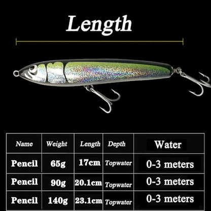 Topwater Pencil Popper Wobbler Hard Stick Baits Handmade Fishing Lure Plug Swimbait with Fishing Treble Hooks Bait Floating Saltwater 4.9OZ - color: green