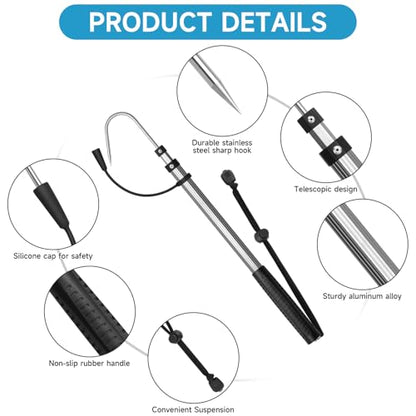 SANLIKE Telescopic Fishing Gaff, Aluminum Pole, Stainless Steel M8 Hook | Ultralight 4.62oz aluminum telescopic gaff (11.4"-24") with nonslip rubber handle, sharp stainless hook & safety lanyard - color: Grey, size: M-Extended 34.84"