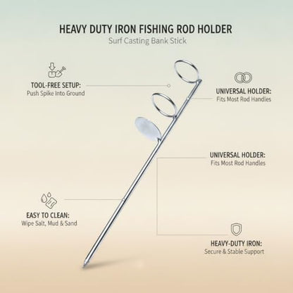 Heavy Duty Iron Fishing Rod Holder with Ground Spike, 17.7 Inch Vertical Bank Stick for Surf Casting on Sand and Soil, Silver