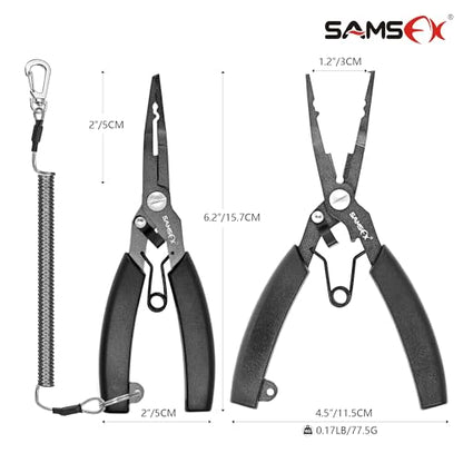 SAMSFX Locking Fishing Pliers Saltwater Resistant Teflon Coated Briad Line Cutters with Wire Coiled Lanyard, Sheath & Quick Knot Tool Combo - color: Black Color