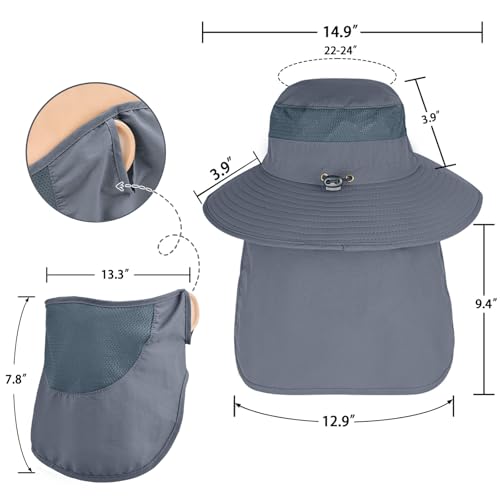 Sun Hats for Men Women Fishing Hat UPF 50+ Breathable Wide Brim Bucket Hats Summer UV Protection Safari Hat with Neck Flap - color: Dark Grey (With Face Cover)