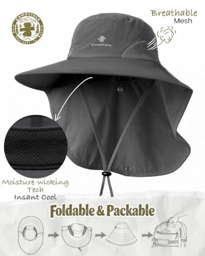 Camptrace Sun Hats for Women Men UPF 50+ UV Protection Wide Brim Hiking Fishing Hat with Neck Flap - color: 06-dark Grey