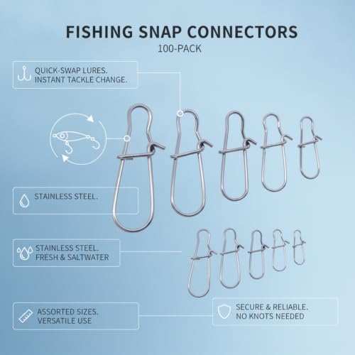 100-Pack Fishing Snap Connectors, Stainless Steel Lure Snaps for Quick Tackle Swapping, Assorted Sizes Saltwater and Freshwater Terminal Tackle Accessories - size: 2.36 x 1.97 x 0.59"