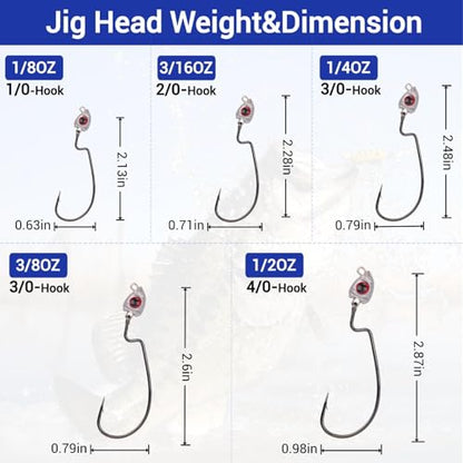 Vivid Fish Eyes Swimbait Jig Heads for Fishing, 15Pcs Swing Bass Jigheads Lifelike Weedless Jig Heads for Ned Rig or Texas Rig 1/8 3/16 1/4 3/8 1/2oz - size: Size Assorted, 15Pcs