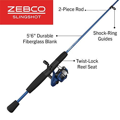 Zebco Slingshot Spinning Reel and Fishing Rod Combo, 2-Piece Medium-Light Durable Fiberglass Rod, Comfortable EVA Handle, Pre-Spooled with 8-Pound Cajun Fishing Line - style: 5'6" Rod - Blue
