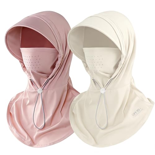 2 Pcs Cooling Breathable Balaclava Full Face Mask with Wide Brim Sun UV Protection Hood for Men Women Fishing Cycling - color: Pink+khaki