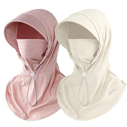 2 Pcs Cooling Breathable Balaclava Full Face Mask with Wide Brim Sun UV Protection Hood for Men Women Fishing Cycling - color: Pink+khaki