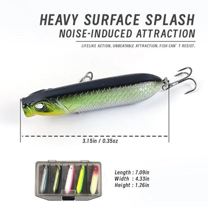 5Pcs Pencil Popper Topwater Fishing Lures Floating Hard Bait with Box for Bass Walleye Pike Catfish Musky Perch 3.15in/0.35oz