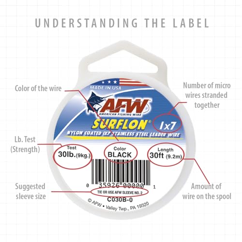 American Fishing Wire Surflon Nylon Coated 1x7 Stainless Steel Wire Leader - Wire Fishing Leader Line for Saltwater 10lb Up To 250lb Test in Bright, Black, Camo in 30ft, 100ft, 300ft, & 1000ft Lengths - color: Bright, style: 100 Feet, 30 Pound Test