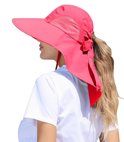 Womens Sun Hat Outdoor UV Protection Wide Brim Fishing Hat with Ponytail Hole Neck Flap for Beach Hiking Camping - color: Watermelon Red