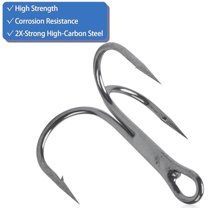 70pcs Fishing Treble Hooks Kit for Saltwater Freshwater, High Carbon Steel Barbed Treble Hooks Strong Sharp Round Bend Triple Fishing Hooks for Catfish Bass Trout Hard Baits Lures