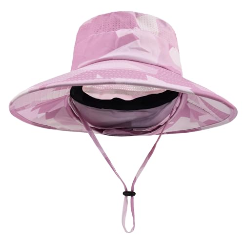 Sun Hats for Men Women Fishing Hat UPF 50+ Breathable Wide Brim Bucket Hats Summer UV Protection Safari Hat with Neck Flap - color: Camo Pink