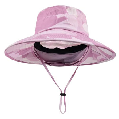 Sun Hats for Men Women Fishing Hat UPF 50+ Breathable Wide Brim Bucket Hats Summer UV Protection Safari Hat with Neck Flap - color: Camo Pink