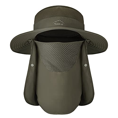 Sun Hats for Men Women, UPF 50+ Waterproof Bucket Hat, Wide Brim Fishing Hat with Removable Face Cover & Neck Flap - color: Army Green
