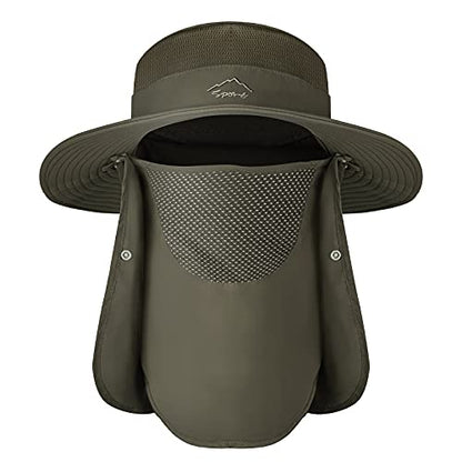 Sun Hats for Men Women, UPF 50+ Waterproof Bucket Hat, Wide Brim Fishing Hat with Removable Face Cover & Neck Flap - color: Army Green