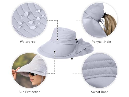 Womens Sun Hat UPF 50+ Wide Brim and Ponytail Hole, Hiking Safari Hat with Neck Flap… - color: Light Grey+beige