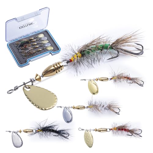 Goture Trout Lures Fishing Spinners,Rooster Bait Tail Bass Fishing Lures with Brass Spinner Blade Fish-Shaped Jig Heads for Freshwater Saltwater,Salmon Steelhead Trout Spinner Bait with Tackle Box - color: C:5pcs Trout Spinners