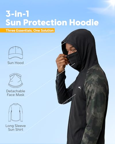 maamgic Men’s UPF 50+ Fishing Shirt Sun Hoodie with Detachable Face Mask, Long Sleeve UV Rash Guard - color: Camouflage Green, size: Small