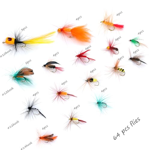 EXAURAFELIS Flying Flies kit Fishing Gear Fishing Lure 64/100/120PCS Dry Wet Flies Tackle Box Fly FishingLures for Bass Salmon Trout Freshwater Walleye Steelhead Bonefish Tarpon Saltwater - color: 64 pcs