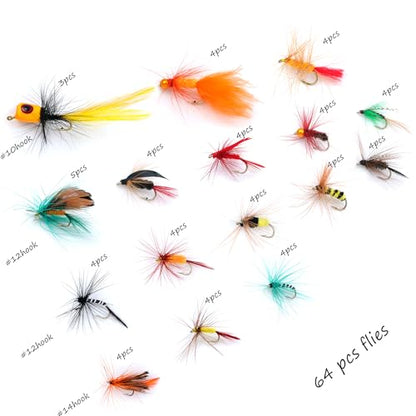 EXAURAFELIS Flying Flies kit Fishing Gear Fishing Lure 64/100/120PCS Dry Wet Flies Tackle Box Fly FishingLures for Bass Salmon Trout Freshwater Walleye Steelhead Bonefish Tarpon Saltwater - color: 64 pcs
