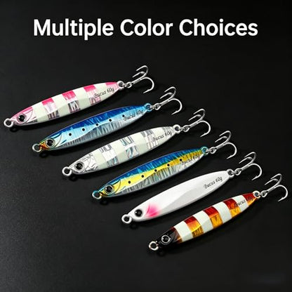 Saltwater Fishing Lures Metal Jigs Vertical Jigging Lure with Treble & Double Assist Hooks, 35-100g 6 pack Laser Glow Spoon Speed Sinking Slow Pitching Jig Offshore Targeting Tuna Mahi-Mahi Yellowtail - size: 60g/2.12oz