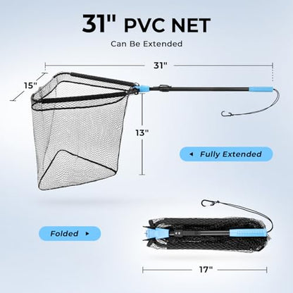 Calamus Triangle Fishing Net, Foldable, Lightweight & Strong Landing Net with Non-Slip Elastomer Handle, Built-in Elastic Lanyard and Belt Clip, Fishing Gear - Gift for Men - style: 31" Full - Floating Net (Fixed Pole)