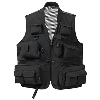 BASSDASH Versatile Men's Women's Fishing Photography Vest with Mesh Back 6 Sizes - color: Black, size: Large