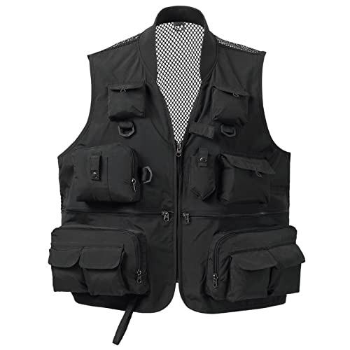 BASSDASH Versatile Men's Women's Fishing Photography Vest with Mesh Back 6 Sizes - color: Black, size: XX-Large