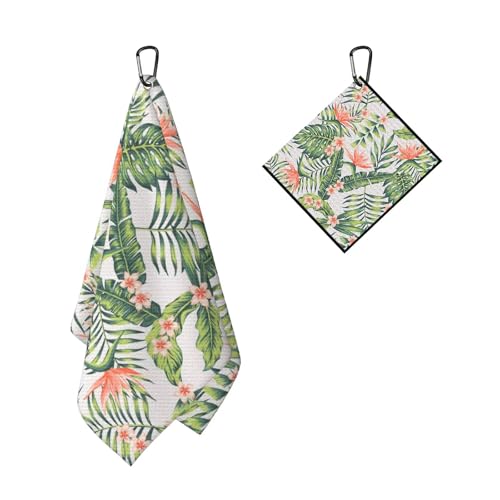 Pink Flower in Green Tropical Golf Towel for Golf's Bags Botanical Plant Golf Towels with Clip Floral Blossoms Waffle Towels Summer Flowers Cleaning Cloth 2 Packs for Men, Birthday Present - color: Pink Green