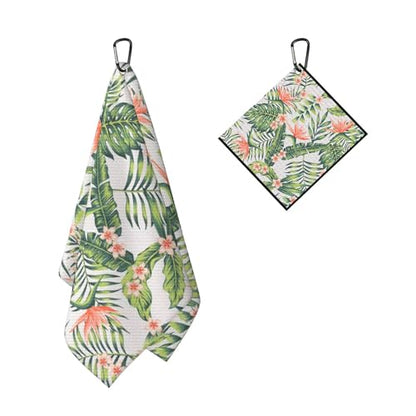Pink Flower in Green Tropical Golf Towel for Golf's Bags Botanical Plant Golf Towels with Clip Floral Blossoms Waffle Towels Summer Flowers Cleaning Cloth 2 Packs for Men, Birthday Present - color: Pink Green