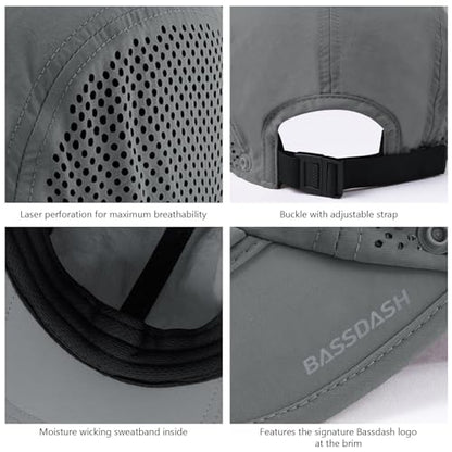 BASSDASH UPF 50+ Foldable Fishing Hat Baseball Cap with Removable Neck Flap Portable for Men Women Golf Hiking - color: Light Grey With Foldable Brim