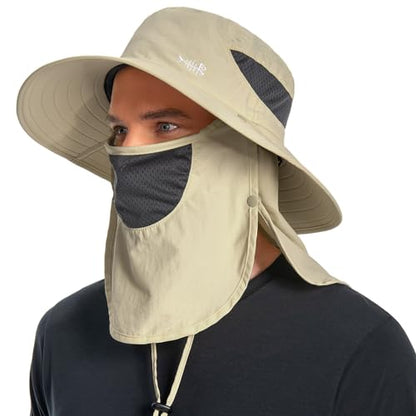 BASSDASH UPF 50+ Breathable Sun Hat with Removable Face Cover and Neck Flap Wide Brim Bucket Hat for Fishing Hiking Men Women - color: Cream