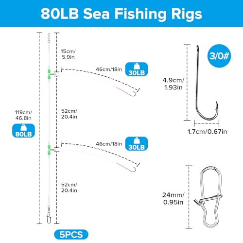 Realure 5 Pack Pre-Tied High-Low Surf Fishing Rigs, 3 Sizes 1/0#-3/0# Double Hook Bottom Rig, Hand Tied Saltwater Tackle for Flounder, Cod, Striped Bass, Whiting, Redfish Pier Surf Casting - size: 5Pcs 3/0#