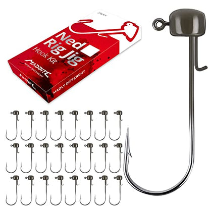 MadBite by KastKing Ned Rig Jig Heads for Soft Fishing Lures, 24-Pack Finesse Standard Mushroom Stand-up Ned Heads Kit, Needle Point Saltwater & Freshwater Versatility Ned Rig Hooks 1/8, 1/16, 3/16 oz - color: Green Pumpkin, size: 1/16 oz