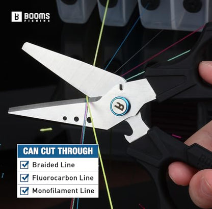 Booms Fishing Braided Line Cutter: 6.3in Multifunction Fishing Scissors with Retractor - Fishing Shears with Serrated Blades and Side Wire Cutter, S04 - style: Scissors with Retractor