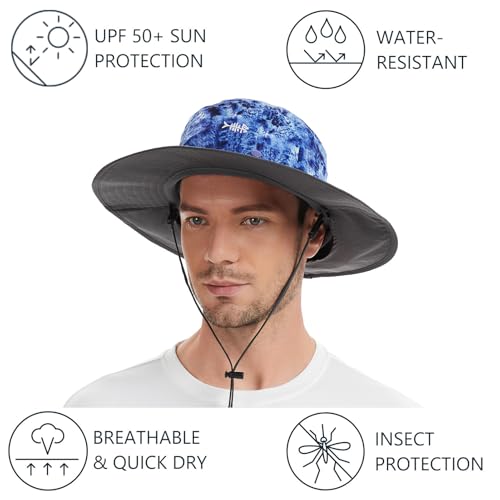 BASSDASH UPF 50+ Mosquito Sun Hat with Hidden Head Net and Neck Flap for Men Women Outdoor Fishing Hiking Camping - color: Blue Camo
