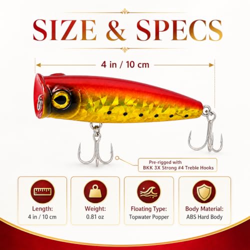 Topwater Popper Fishing Lure, 4in 0.81oz ABS Floating Saltwater Bait with BKK 3X #4 Treble Hooks, Foil-Stamped Finish for Inshore Striped Bass Redfish Snook Tarpon - color: A2-1PCS/0.81OZ-4"