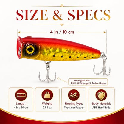 Topwater Popper Fishing Lure, 4in 0.81oz ABS Floating Saltwater Bait with BKK 3X #4 Treble Hooks, Foil-Stamped Finish for Inshore Striped Bass Redfish Snook Tarpon - color: A2-1PCS/0.81OZ-4"