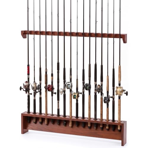 Sintuff 1 Pair 16-position Fishing Rod Rack, Wall Mount Pole Holder, Solid Red Oak Wood Rack, Walnut Finish, Space-saving Fishing Pole Storage, 16 Rod Max Capacity, for Garage, Home
