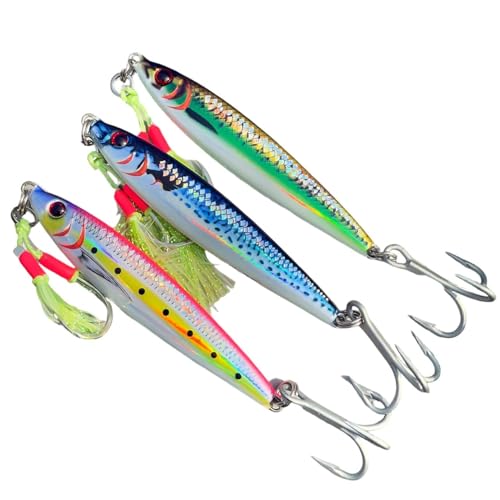 Ice Fishing Lures, Metal Jig Lures, Hard Baits for Bass, Saltwater Jigging Lures, Slow Pitch Jig Catch More Fish, Durable and Well-Made Bass Trout Tuna Lures with VMC Hooks (AH9563)