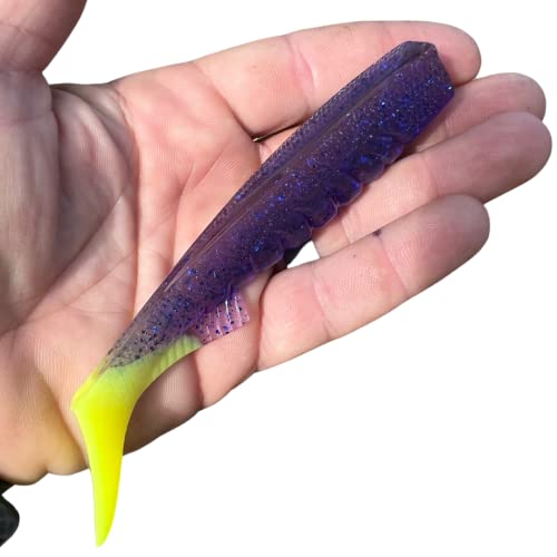 Extreme Paddle Tail Swim Baits - Soft Plastic Swimbaits, Premium Paddle Tail Swimbaits for Bass Fishing, Great Action Lifelike Saltwater Soft Swimbait Shad Lure - color: Purple Chartreuse Tail, size: 4.5"