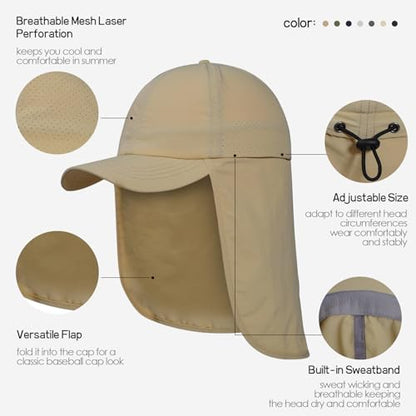 Mens XXL Sun Hats with Neck Flap UPF 50+ Waterproof Baseball Cap Adjustable Breathable Quick Dry Outdoor Fishing Hat - color: Khaki, size: X-Large-XX-Large