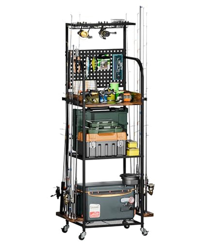 Homde Fishing Rod Holders for Garage: Large Capacity Fishing Equipment Holder up to 12 Rods - Mobile Tackle Storage Cart with Pegboard and Hooks for Tackle Box Organizers and Storage