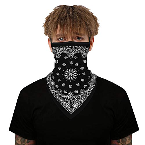 YAYOUREL Neck Gaiter Face Mask Bandanas for Men Women UV Face Scarf Cover Ear Loop Hole Facemask for Fishing Running Cycling - color: Black Gray